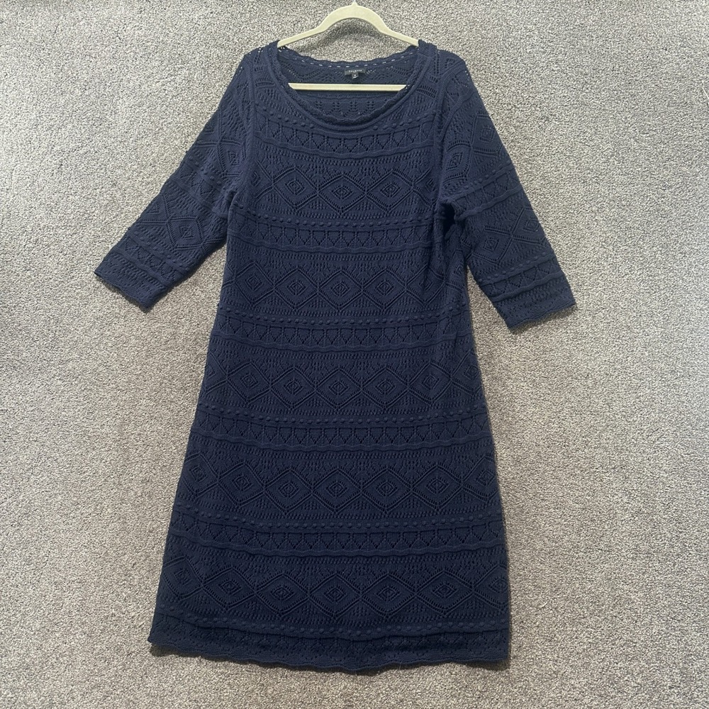 Talbots Pointelle Knit Midi Dress 1X Blue 3/4 Sleeve Cotton Blend Lined